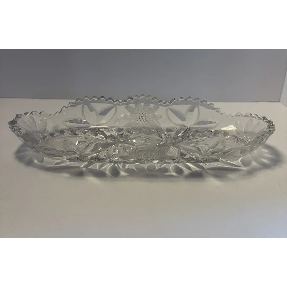 American Brilliant Period Glass Daisy Floral Diamond Pattern OVAL Relish‎ Dish